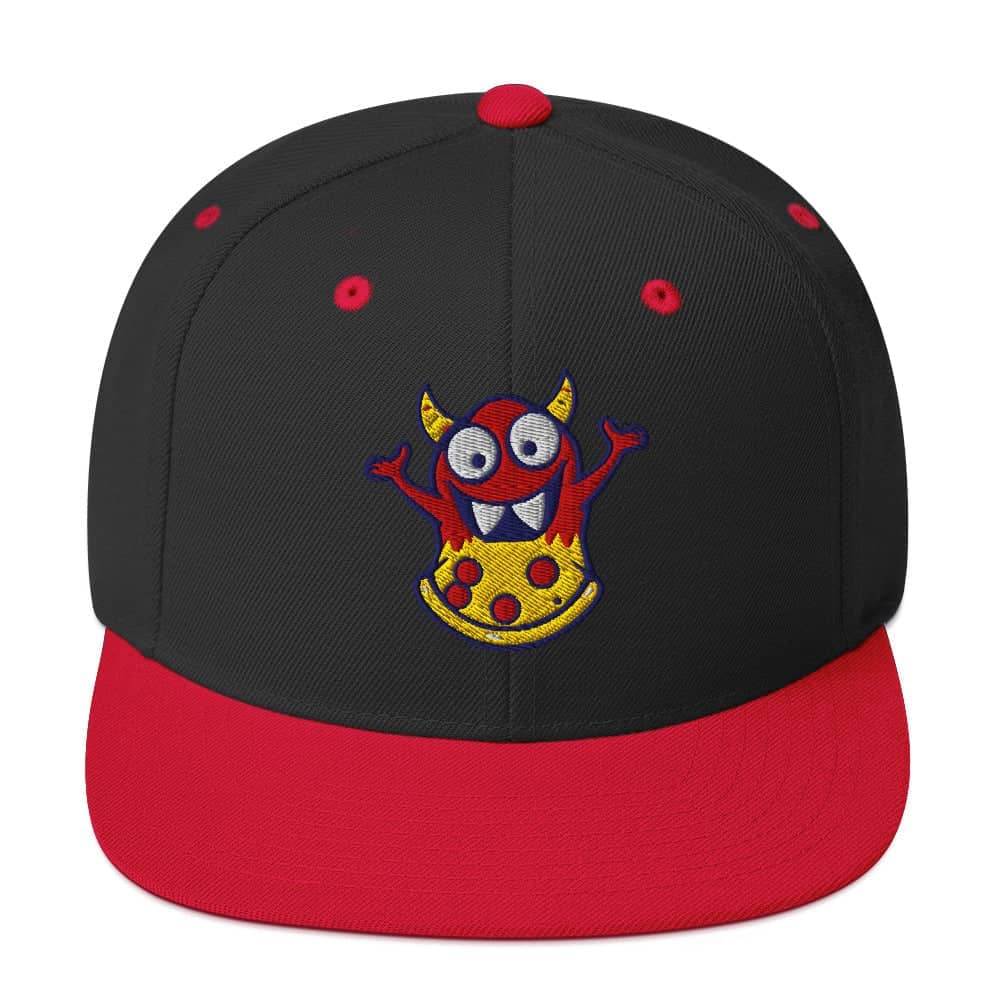 Black and red snapback hats with embroidered cartoon monster holding a slice of pizza