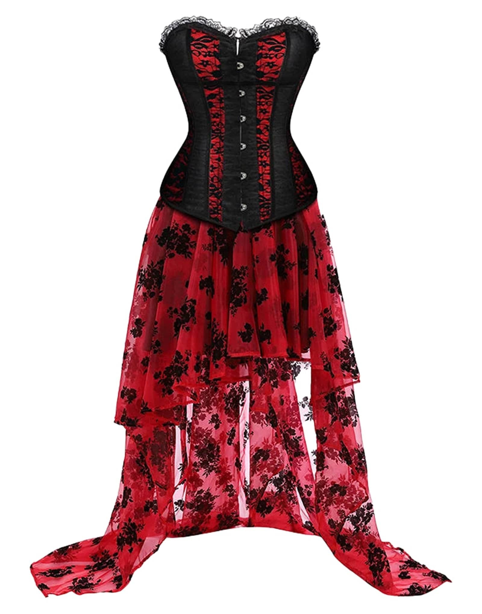Elegant Corset Dress featuring a black lace bodice and flowing red floral skirt for a dramatic look