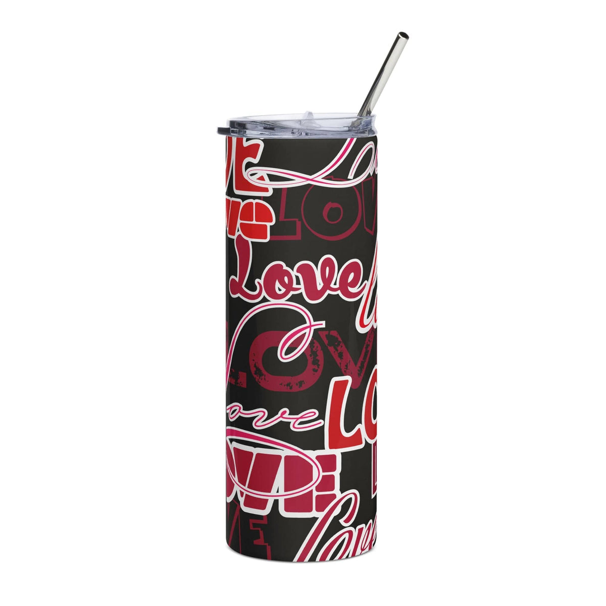 Tall insulated tumblers with love-themed graphic design and a metal straw