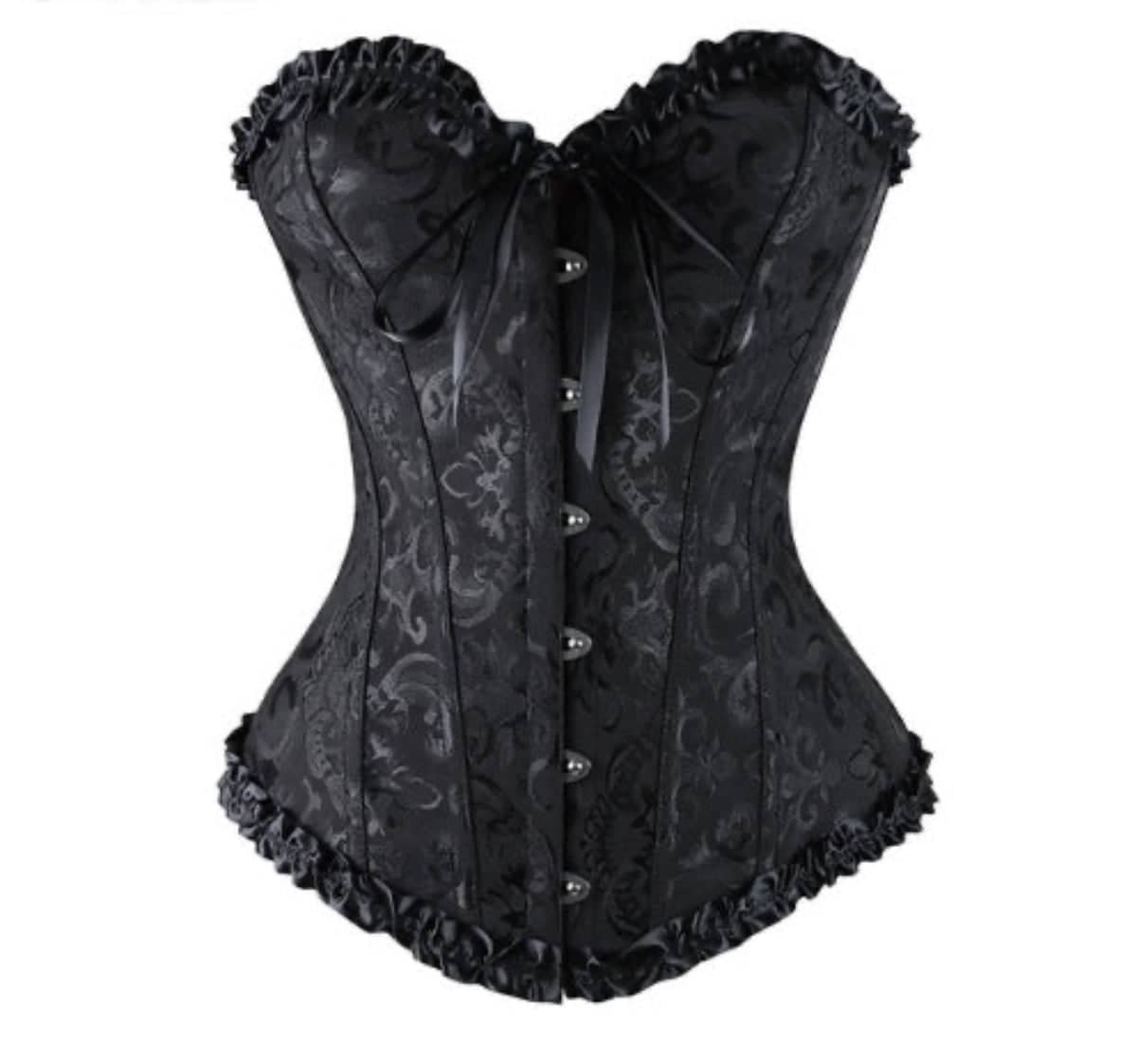 Corsets collection image black brocade waist cincher with sweetheart neckline ruffle trim and front busk