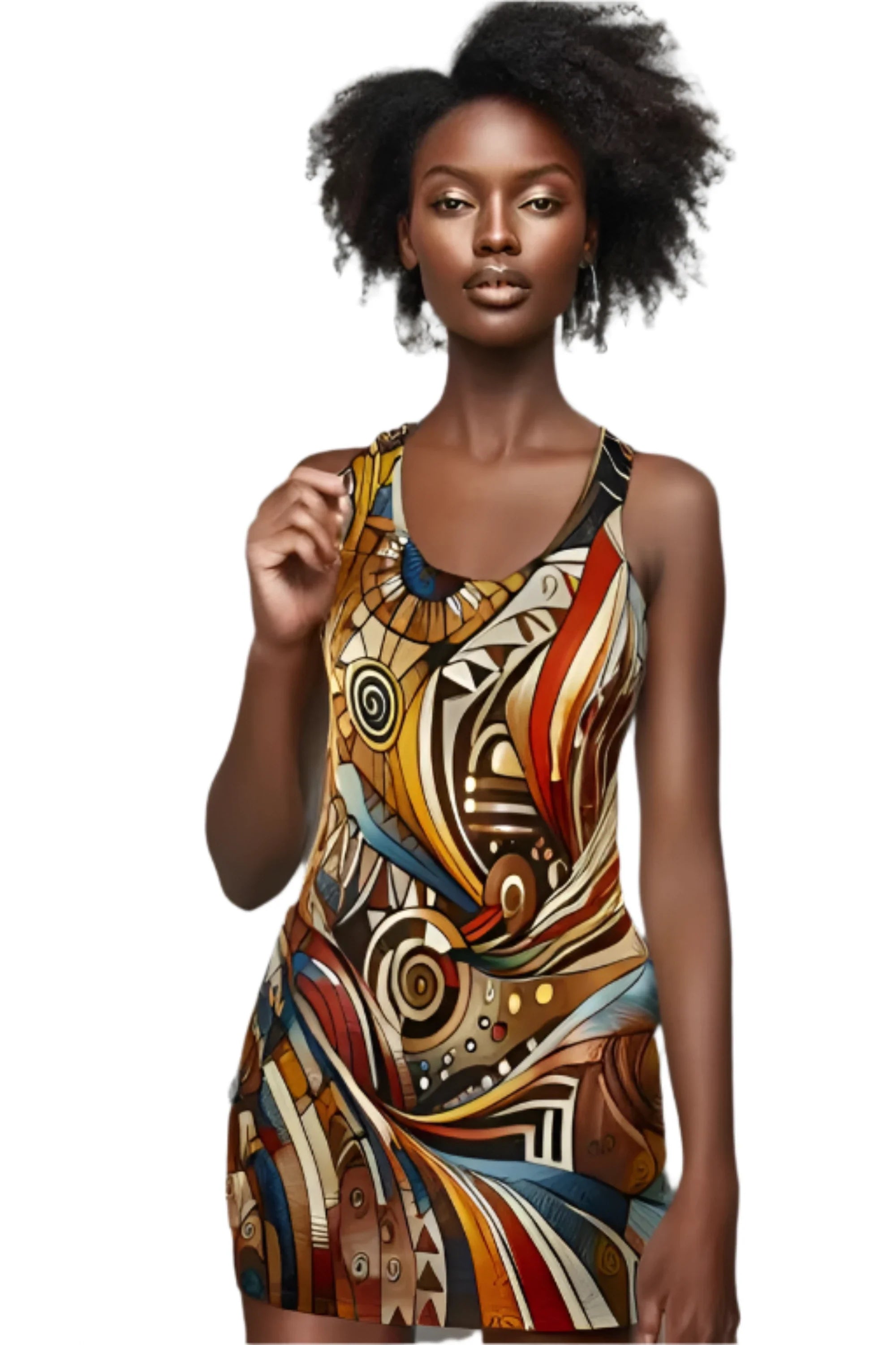 Model wearing a colorful and artistic patterned dress from the trendy womens dresses collection