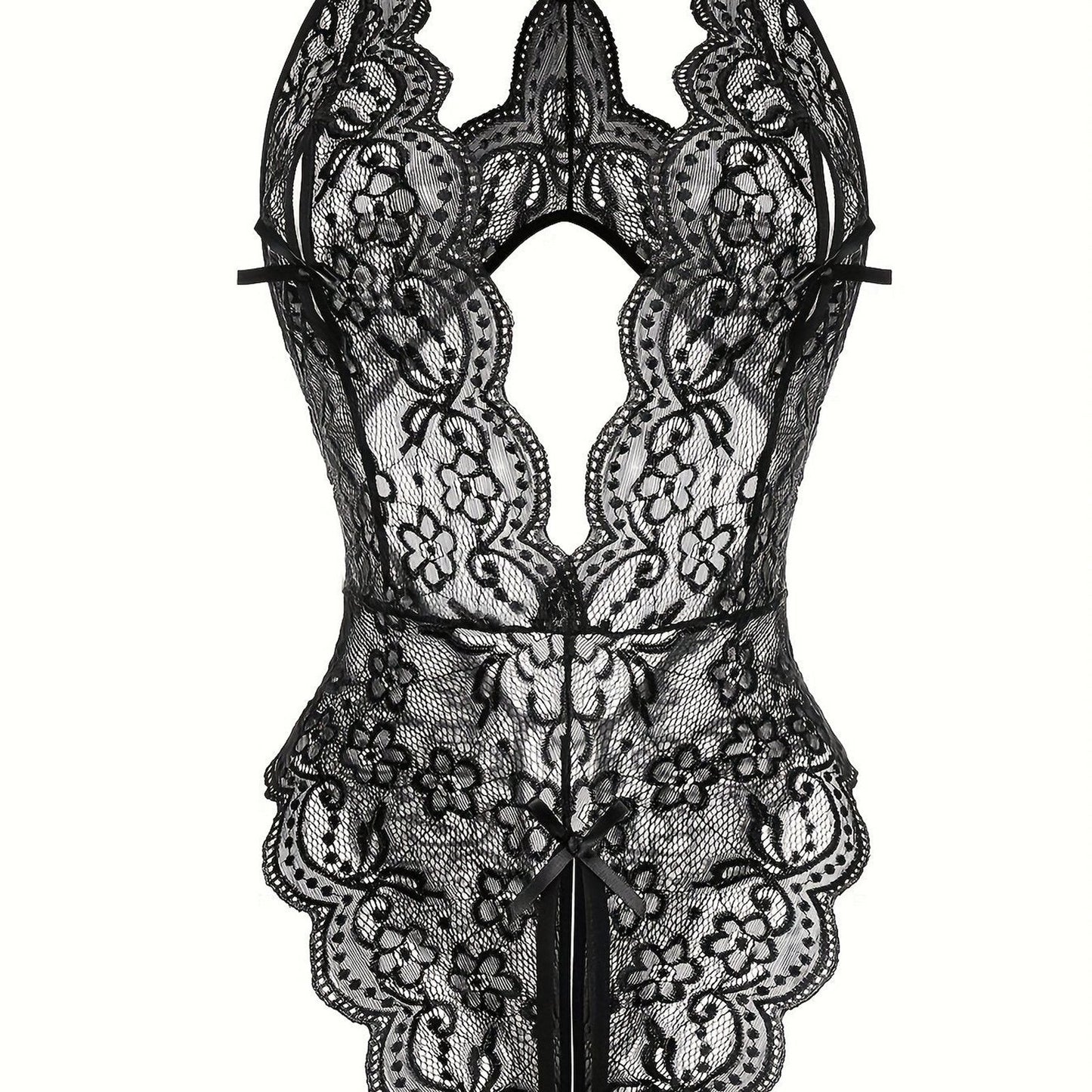 Sultry Floral Lace Bodysuit - Backless, Semi-Sheer, Open Crotch