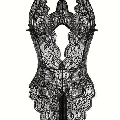 Sultry Floral Lace Bodysuit - Backless, Semi-Sheer, Open Crotch