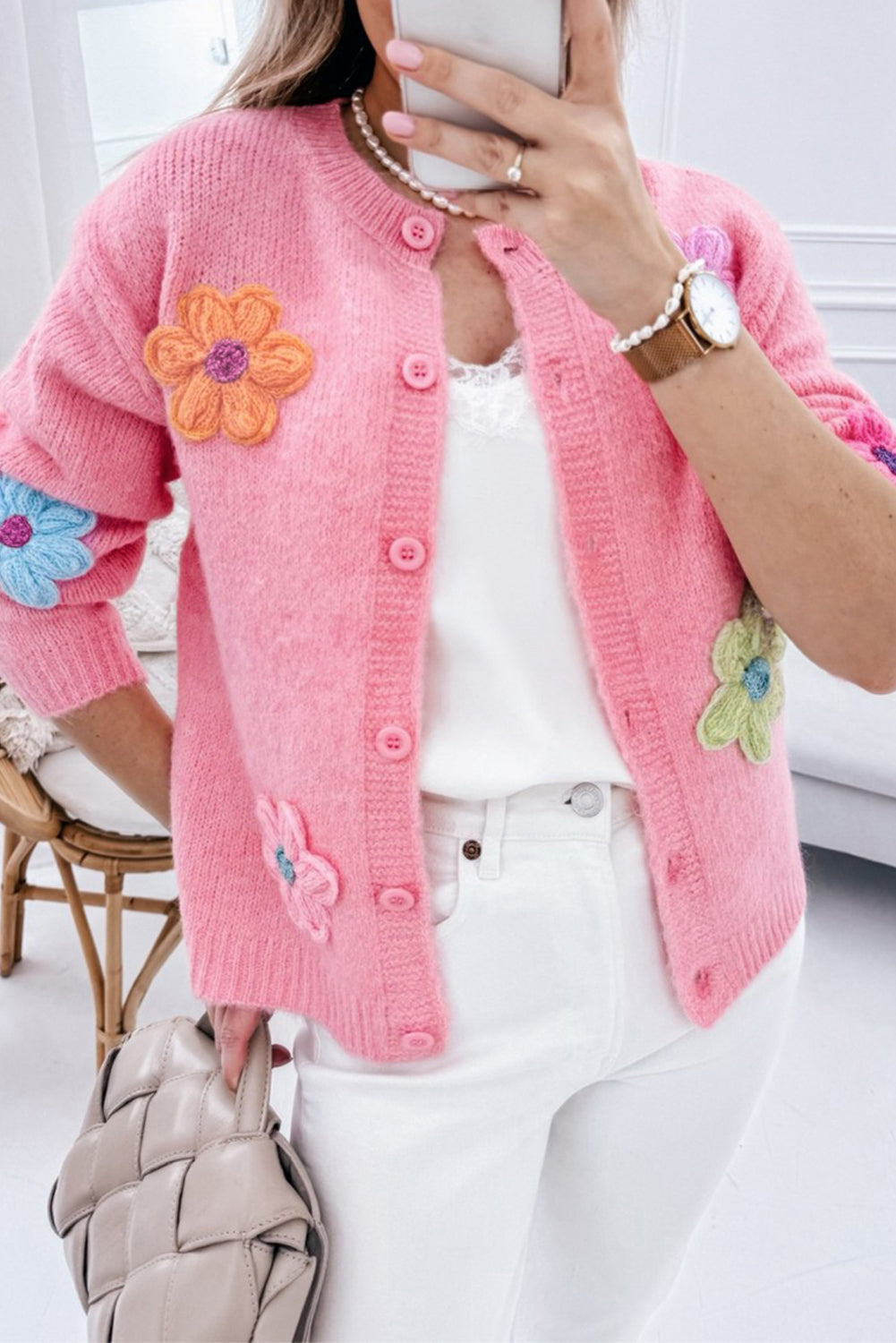 Pink Floral Knit Cardigan For Trendy Looks