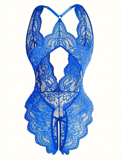 Sultry Floral Lace Bodysuit - Backless, Semi-Sheer, Open Crotch