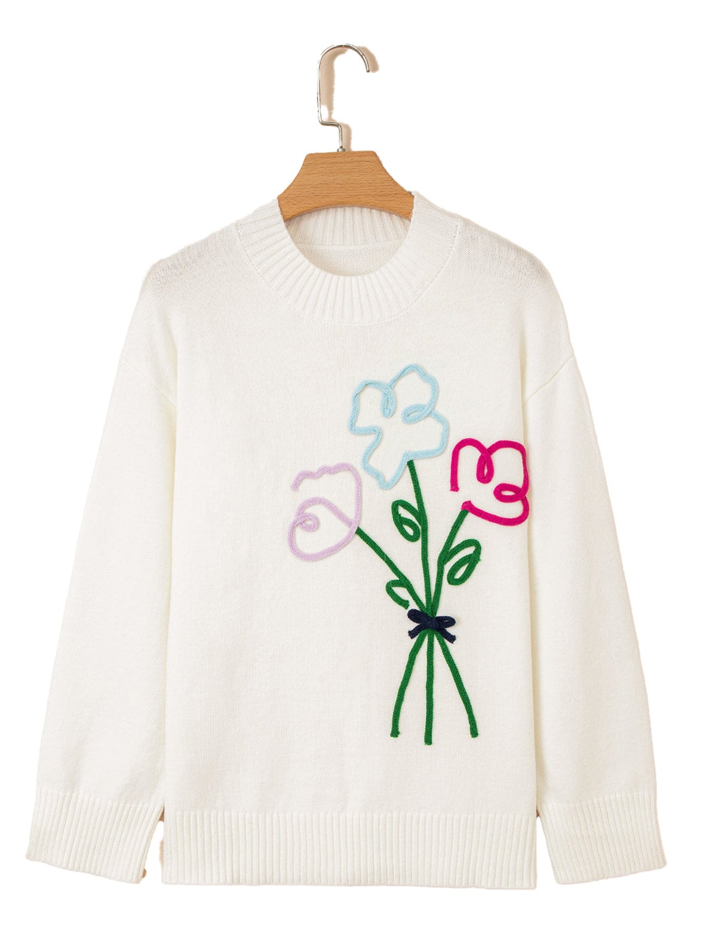 White Embroidered Flower Sweater