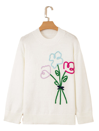 White Embroidered Flower Sweater