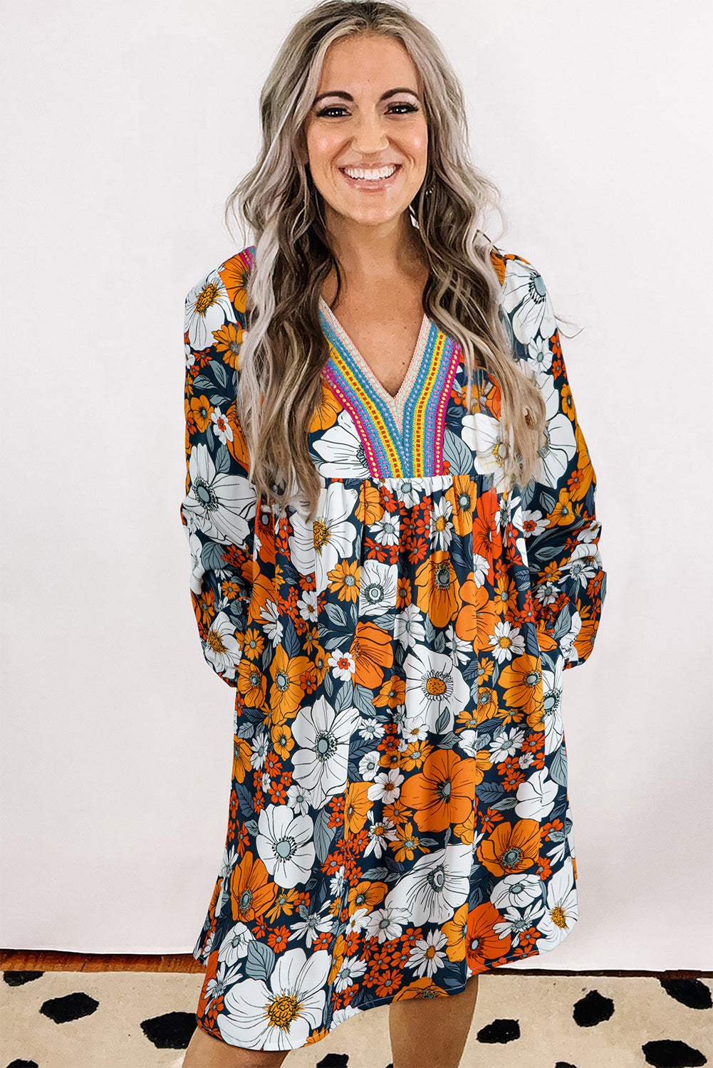 Orange Floral Mini Dress Boho V-Neck