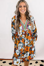 Orange Floral Mini Dress Boho V-Neck