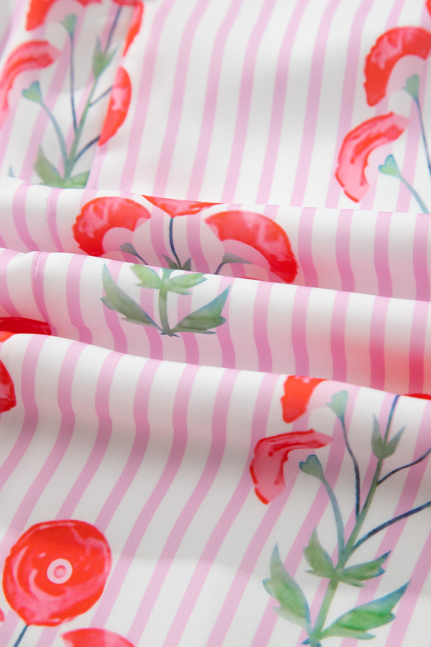 Sky Blue Floral Striped Print Tie Notched Neck Puff Sleeve Flared Mini Dress