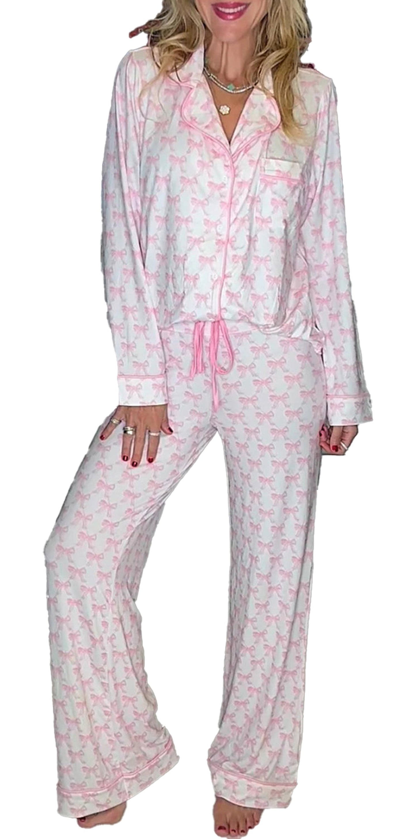 Pink Bow Pajama Set For Women Cozy Comfort