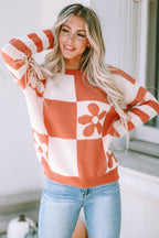 Brown Checkered Floral Sweater