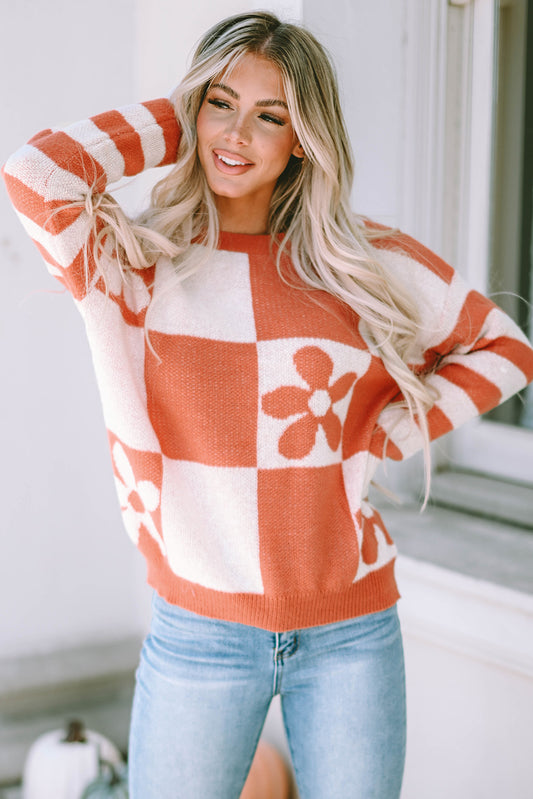 Brown Checkered Floral Sweater