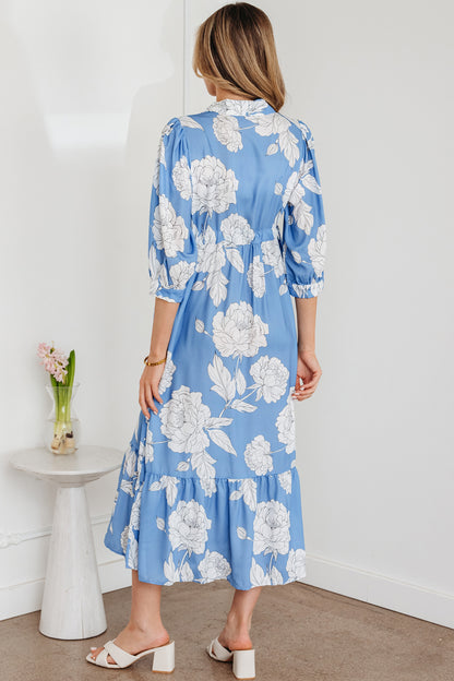 Sky Blue Floral Maxi Dress Buttoned Flowy