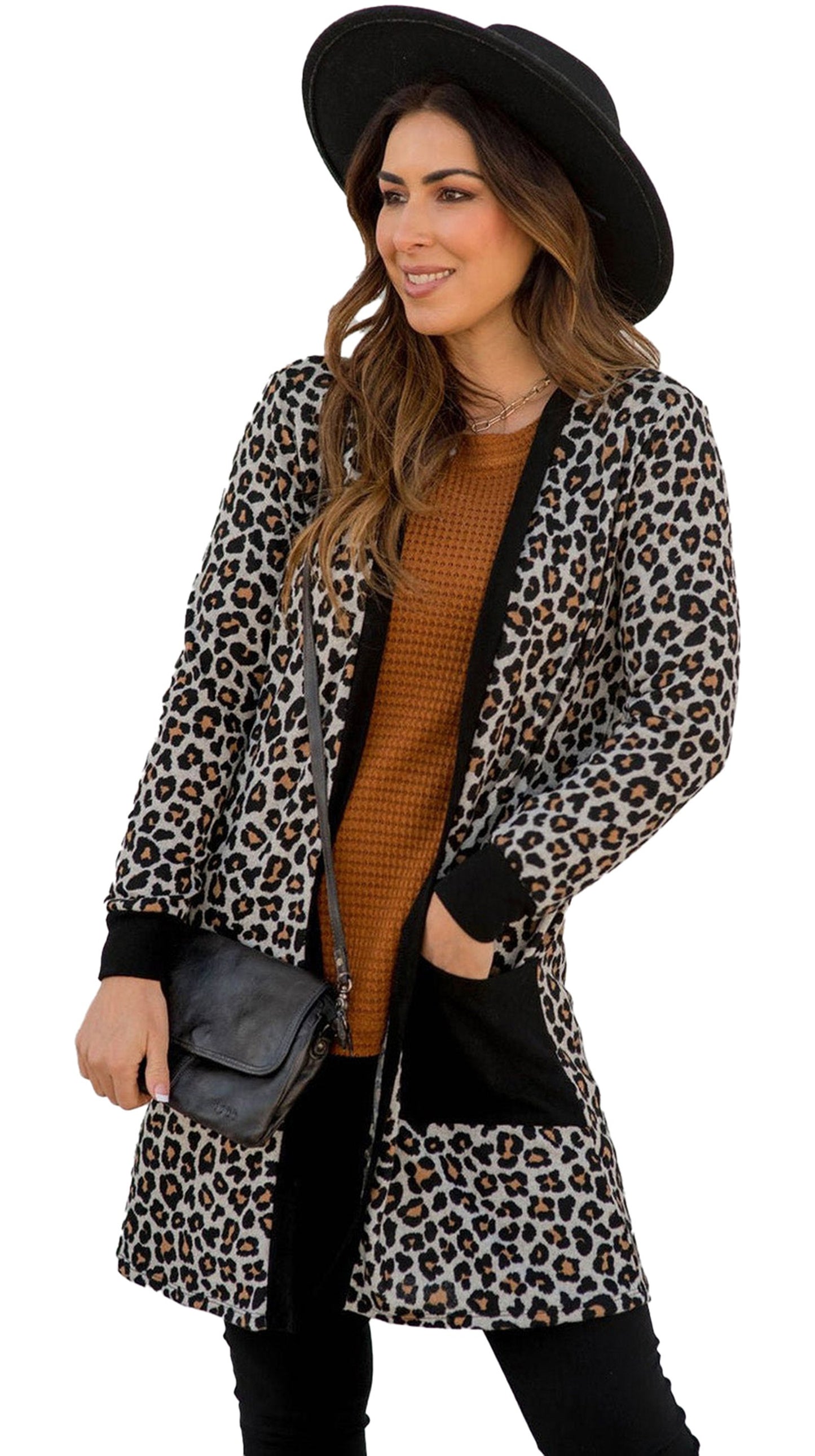 Black Leopard Open Front Cardigan