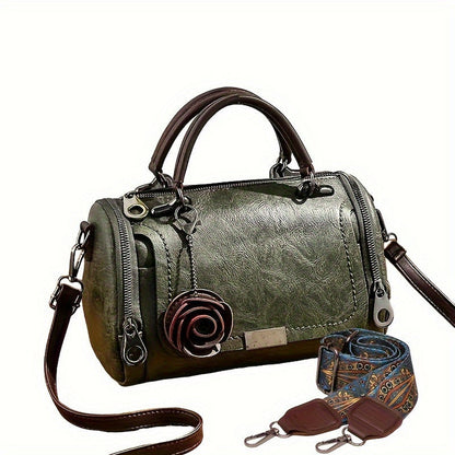 Womens Boston Handbag With Flower Pendant