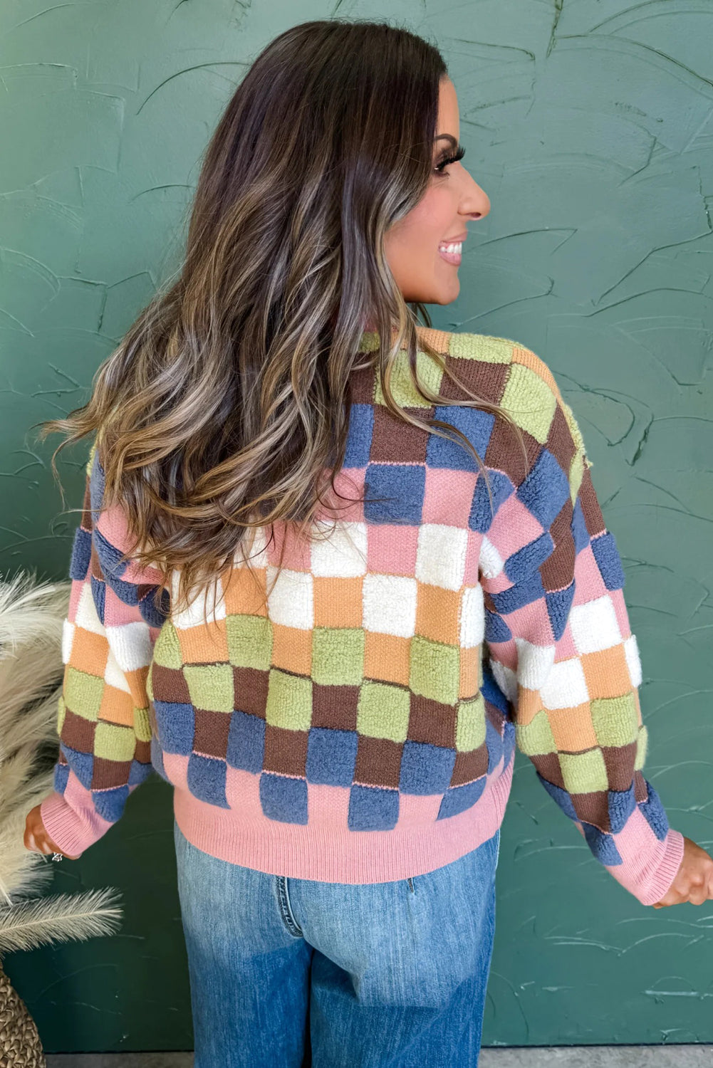 Multicolor Checkered Cardigan Sweater