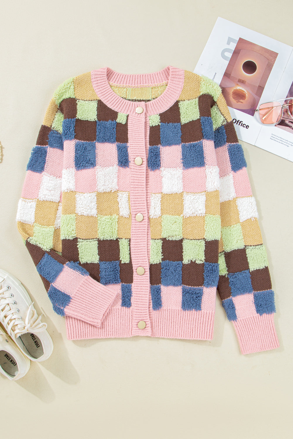 Multicolor Checkered Cardigan Sweater