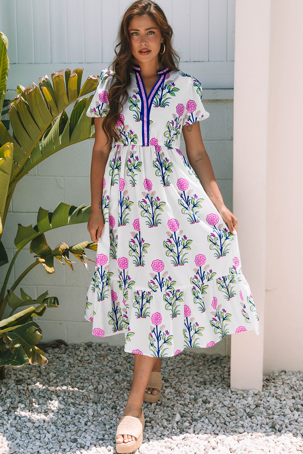Sky Blue Floral Maxi Dress Tiered V-Neck