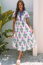 Sky Blue Floral Maxi Dress Tiered V-Neck