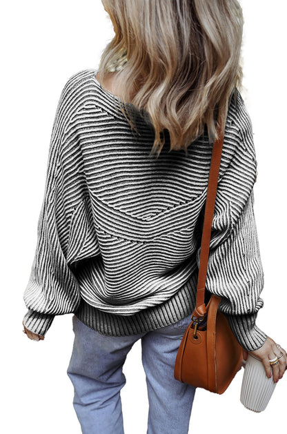 Blue Striped Knit Boat Neck Sweater