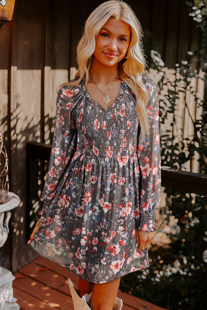 Brown Floral Mesh Mini Dress Smocked V-Neck