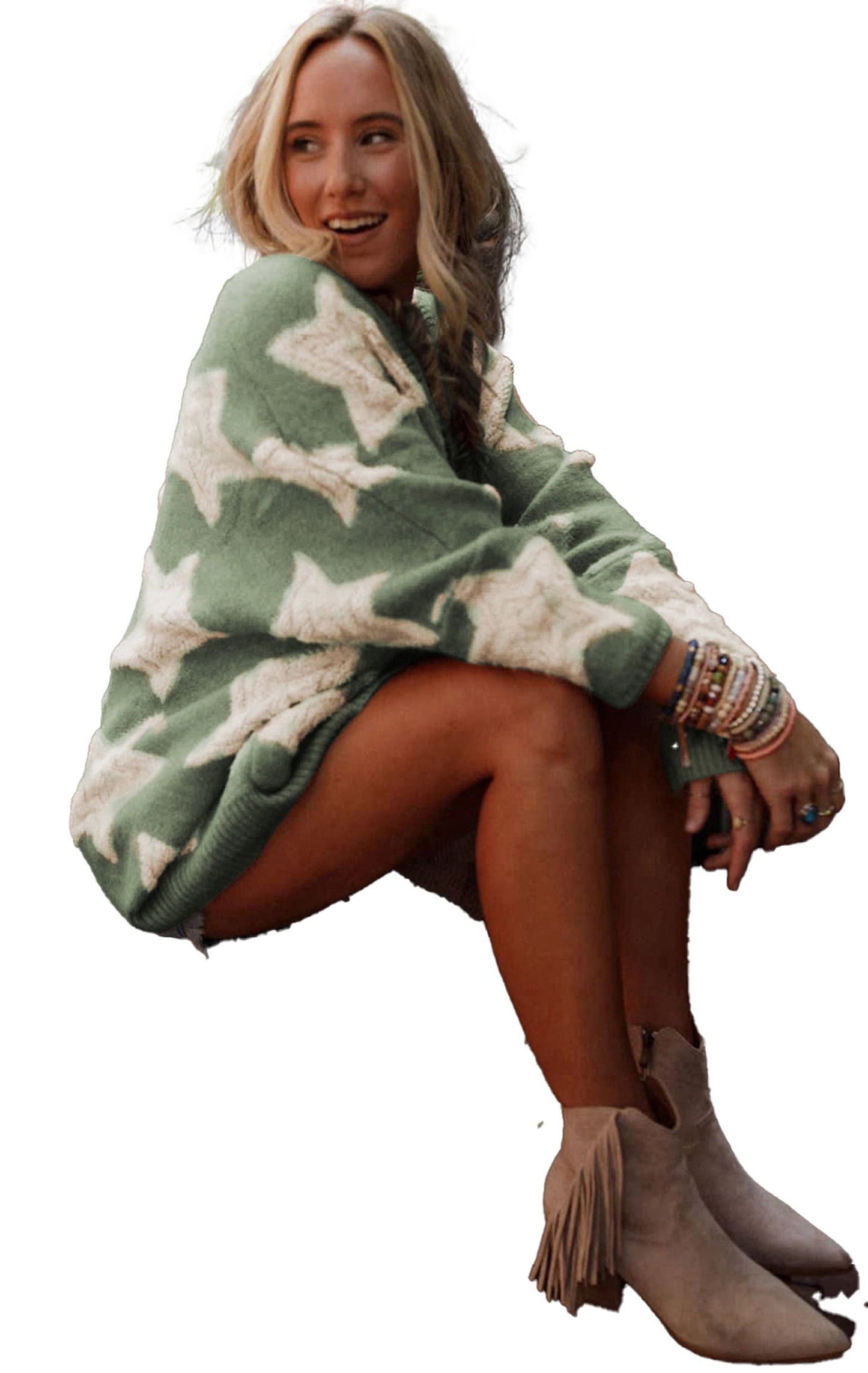 Khaki Star Pattern Sherpa Cardigan