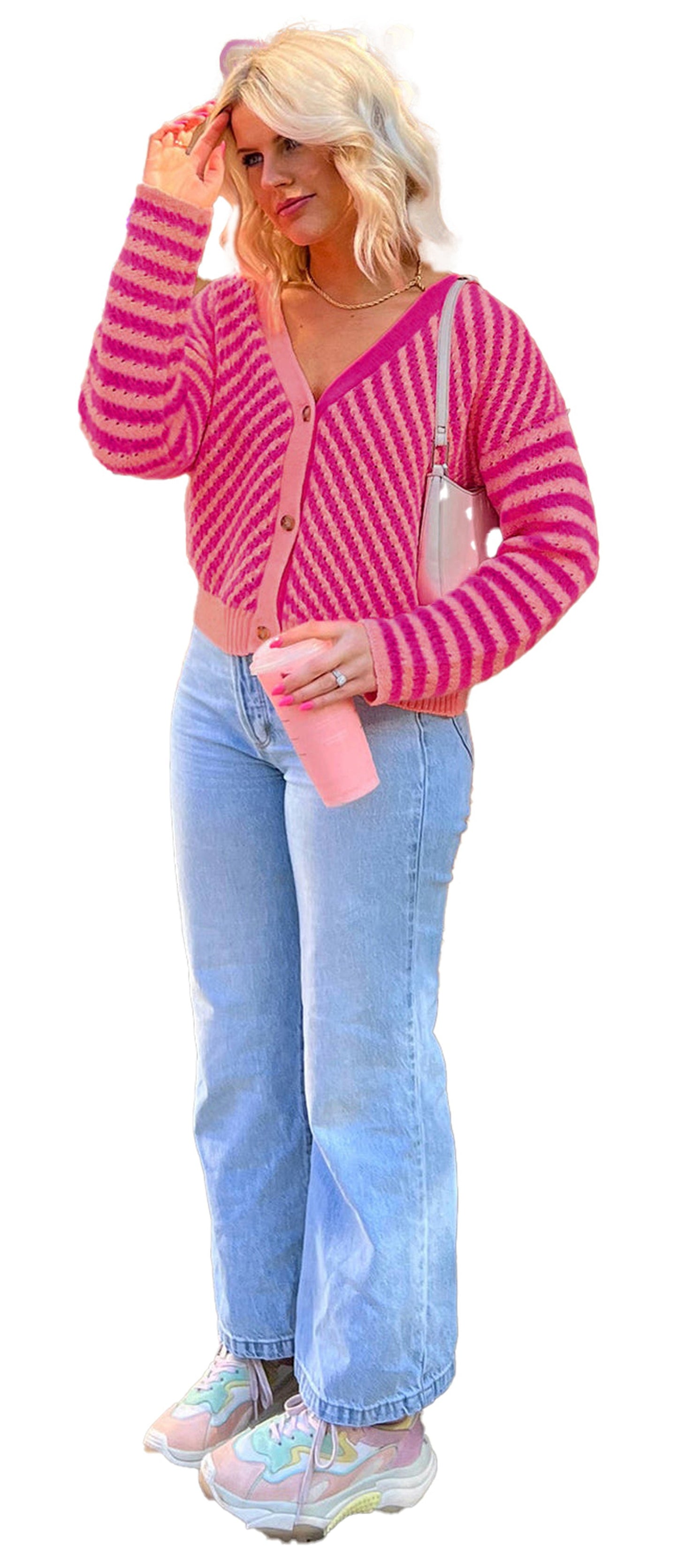 Pink Striped Cardigan For Trendy Style