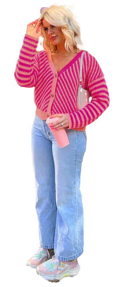 Pink Striped Cardigan For Trendy Style