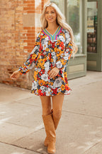 Orange Floral Mini Dress Boho V-Neck