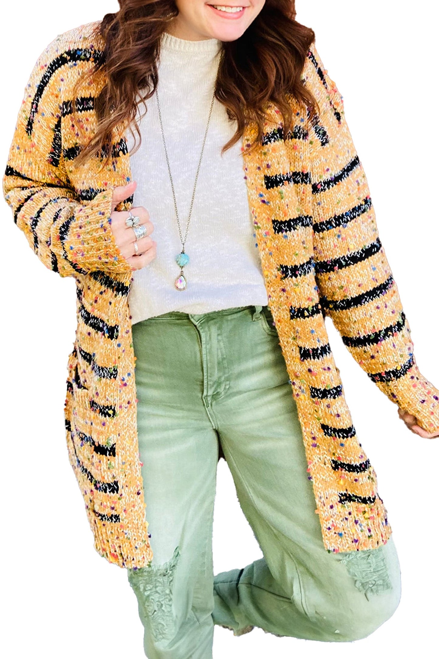 Beige Striped Knit Cardigan For Trendy Style