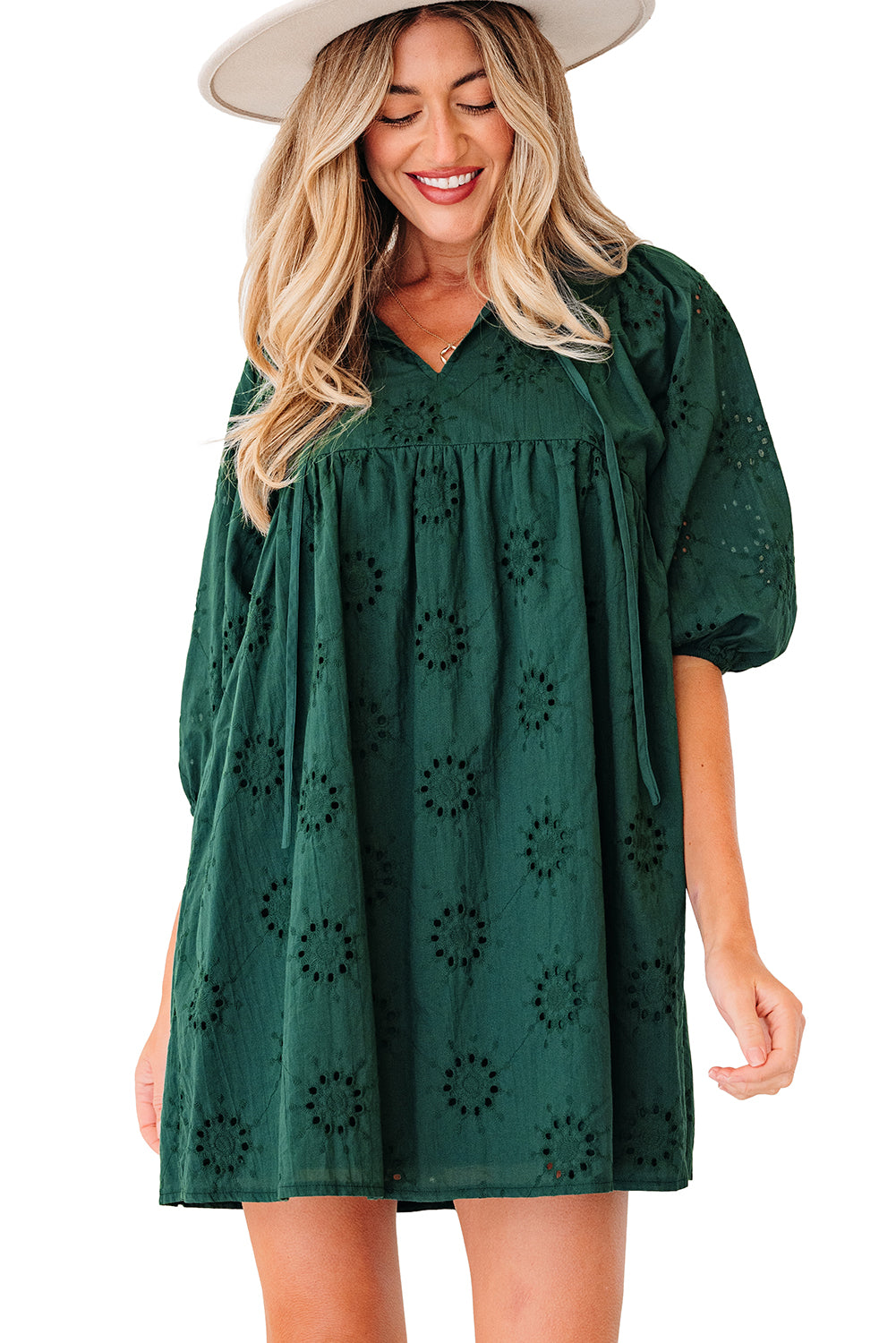 Embroidered Eyelet Mini Dress, Puff Sleeve