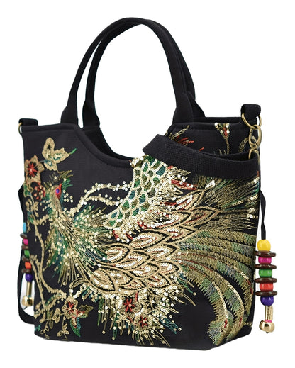 Wo's Embroidered Satchel Bag - Retro Double Handle Handbag with