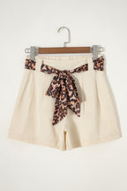 Bright Pink Leopard Contrast Sash Belt Pleated Wide Leg Shorts