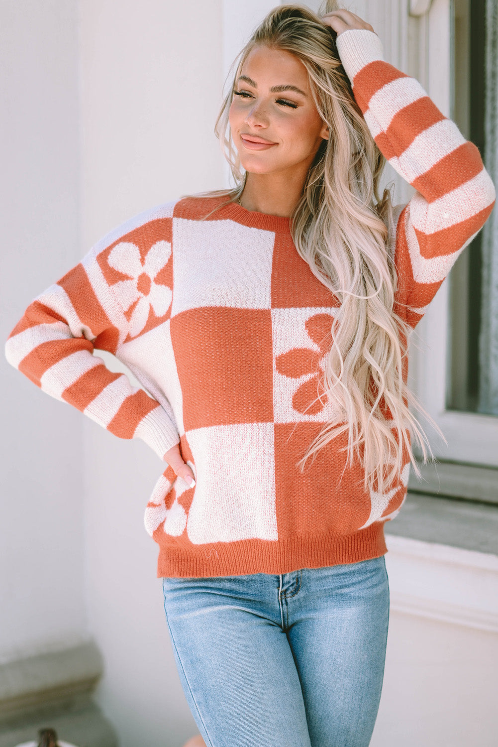Brown Checkered Floral Sweater