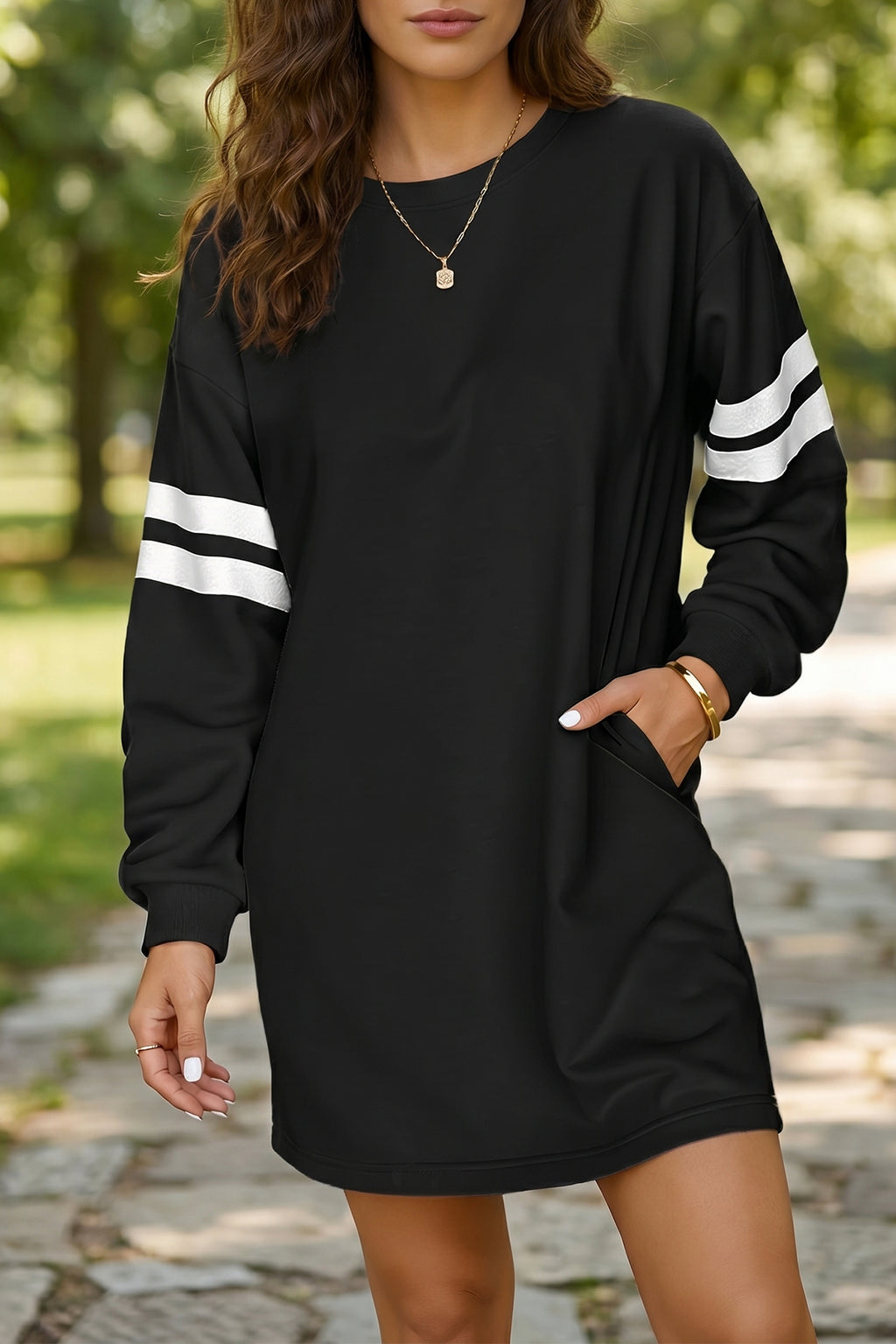 Red Varsity Sweatshirt Dress Cozy Pocketed Mini