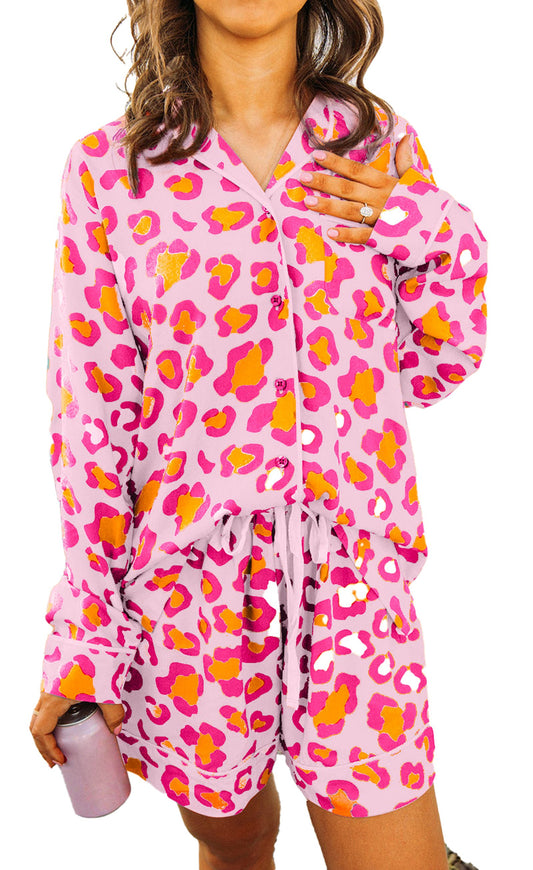 Pink Leopard Print Pajama Set For Women