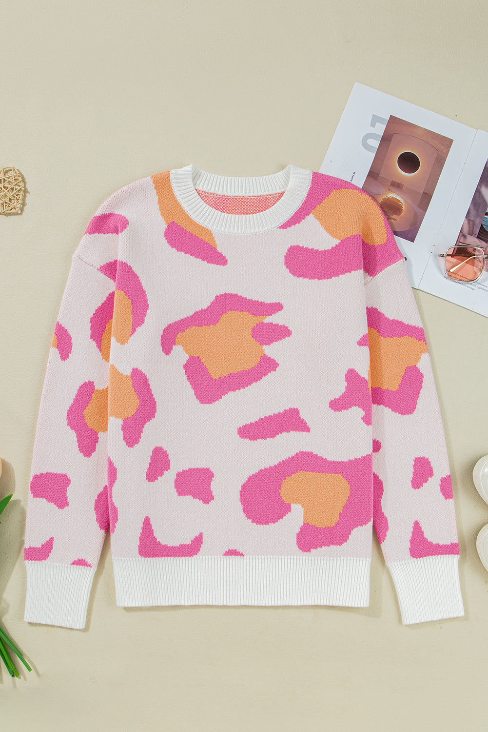 Pink Leopard Print Sweater For Trendy Style