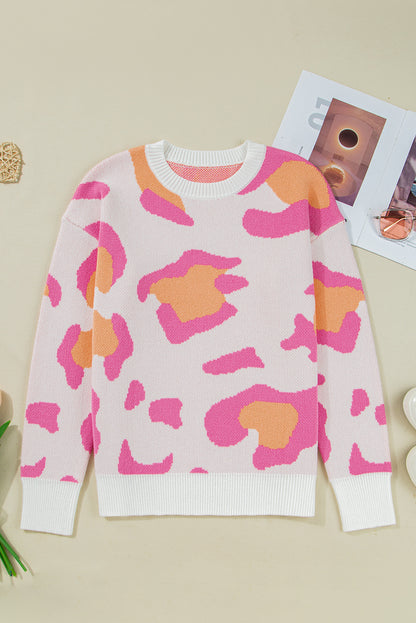 Pink Leopard Print Sweater For Trendy Style