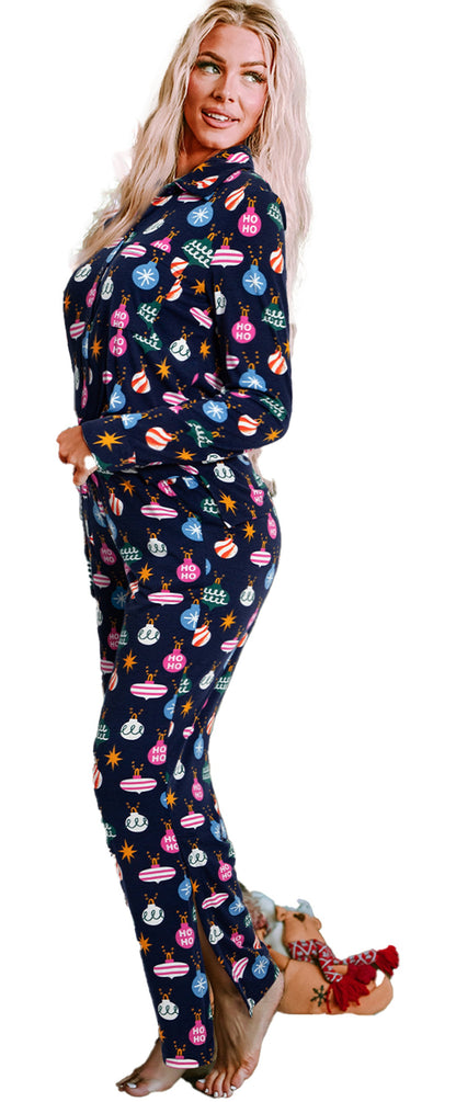 Navy Blue Christmas Pajama Set For Women