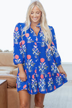 Blue Floral Print Dress Ruffle Hem