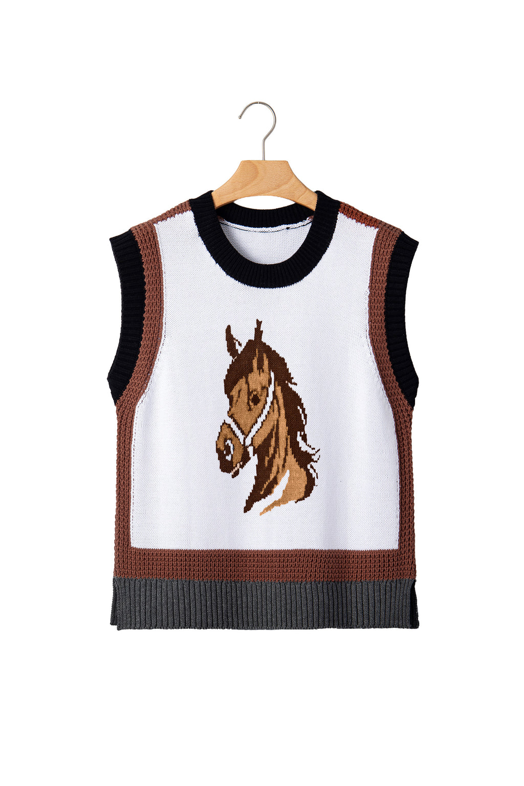 Chaleco de punto con bloques de color y cabeza de caballo del oeste blanco