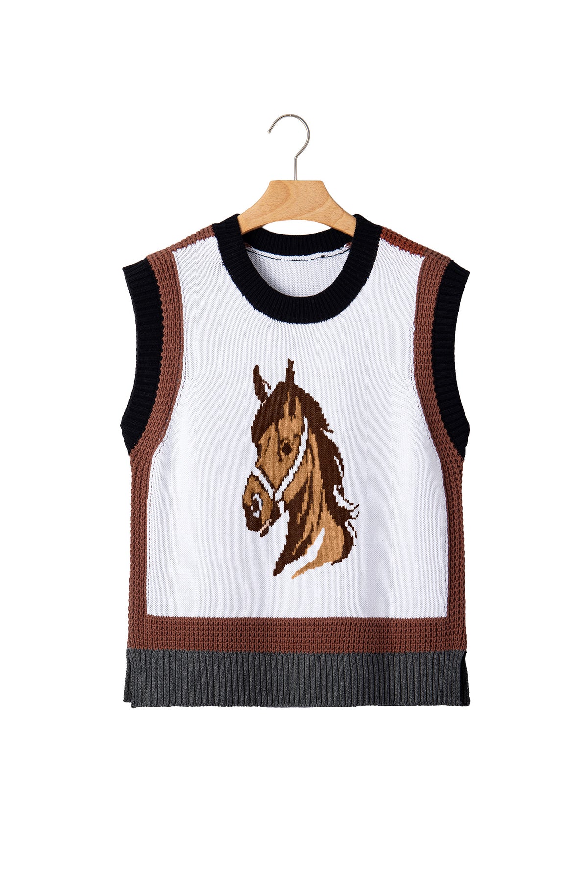 Chaleco de punto con bloques de color y cabeza de caballo del oeste blanco