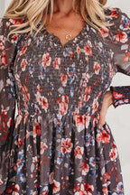 Brown Floral Mesh Mini Dress Smocked V-Neck