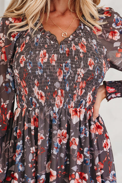 Brown Floral Mesh Mini Dress Smocked V-Neck