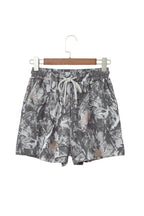 Gray Abstract Maple Leaf Printed Tie Elastic Waist Shorts