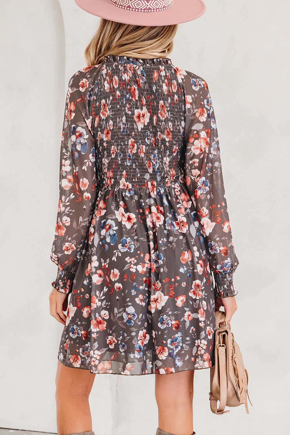 Brown Floral Mesh Mini Dress Smocked V-Neck
