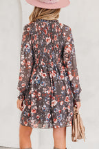 Brown Floral Mesh Mini Dress Smocked V-Neck