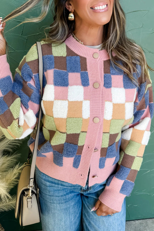 Multicolor Checkered Cardigan Sweater