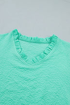 Mint Green Frilled V Neck Flower Embroidered Puff Sleeve Textured Blouse